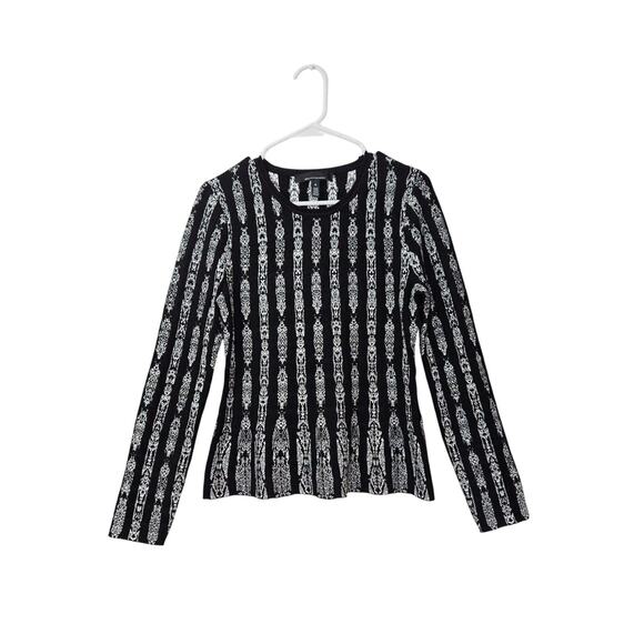 WHBM Black White Womens Vertical Striped Peplum Crew Neck Sweater Size Medium - Picture 2 of 7